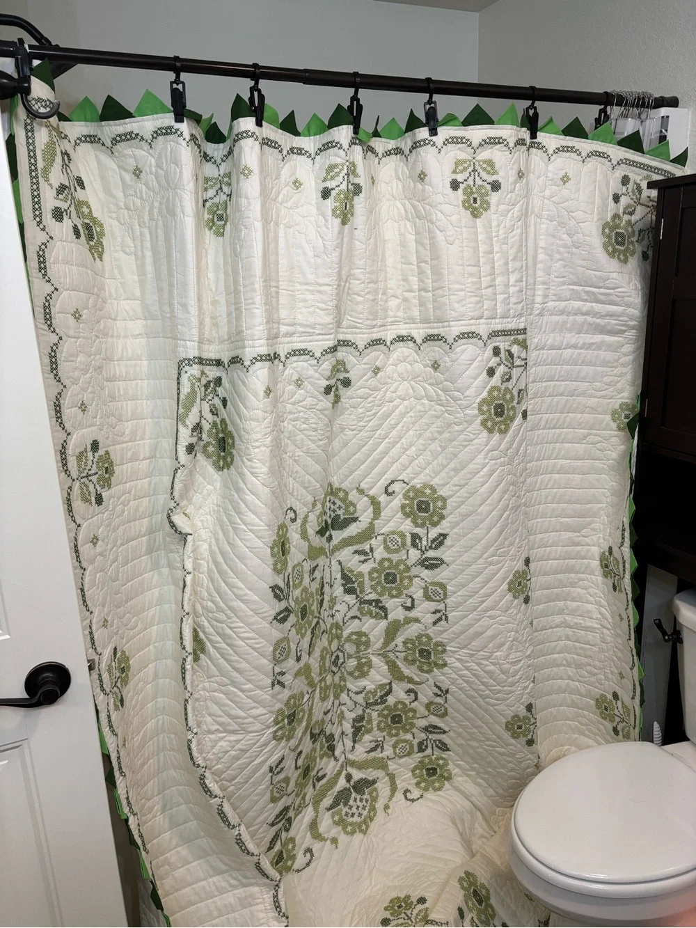 Green Floral cross stitch queen size quilt - White and Green